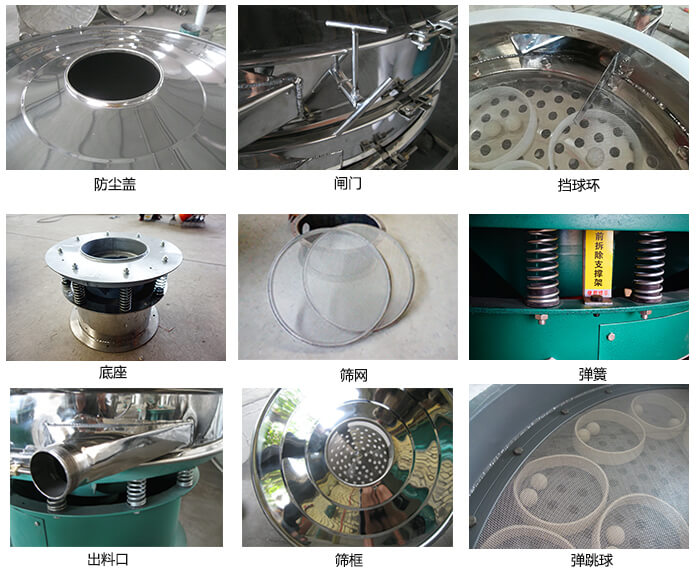 直徑600型振動篩細節：網架，料斗，篩框，擋球環，防塵蓋，閘門，出料口。