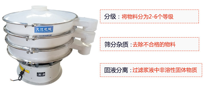 600型聚丙烯振動(dòng)篩優(yōu)勢：分級(jí)：將物料京分為2-6個(gè)等級(jí)。篩分雜質(zhì)：去除不合格的物料。固液分離：過濾漿液中非溶性固體物質(zhì)。