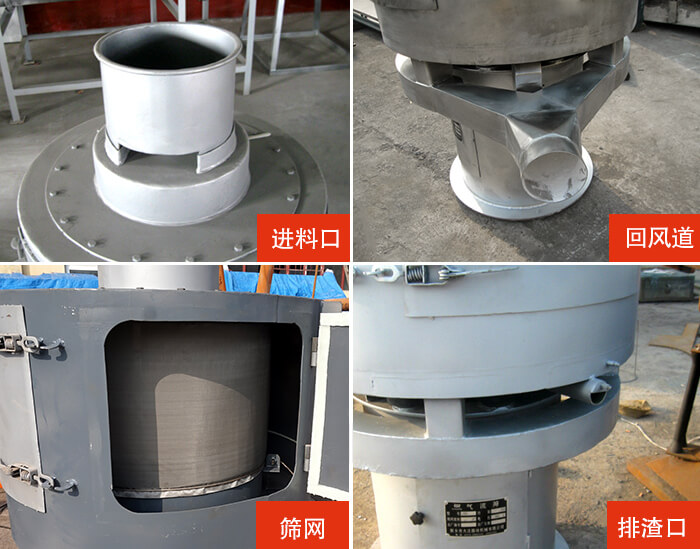 氣流篩分機進(jìn)料口，回風(fēng)道，篩網(wǎng)，排渣口。